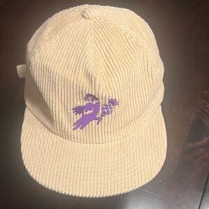 Tan Corduroy Hat with Embroidered Purple Bird